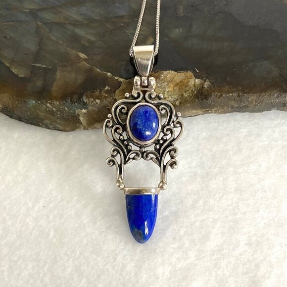 Sterling Silver 925 Lapis Lazuli Scrollwork 2 Stone Pendant Necklace 18" Chain - Picture 4 of 16